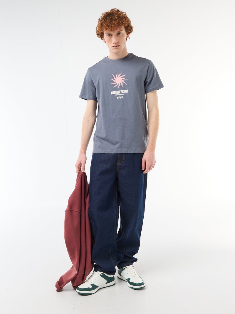 Einfarbiges Baumwoll-T-Shirt mit platziertem Print Grau - Kiabi