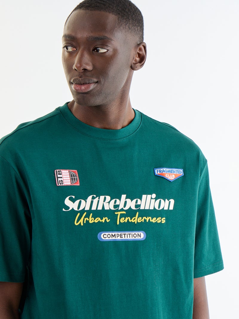 Einfarbiges Kurzarm-T-Shirt mit aufgenähten Patches Grün - Kiabi