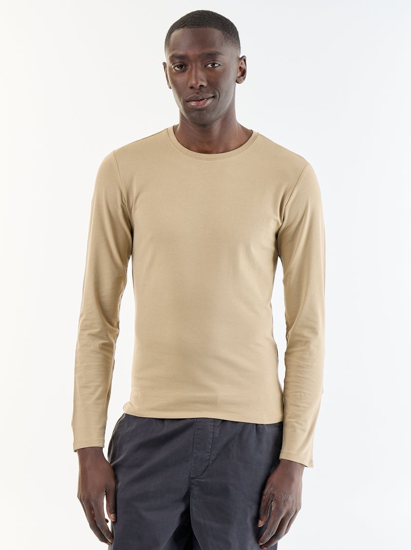 Einfarbiges Langarm-T-Shirt Beige - Kiabi