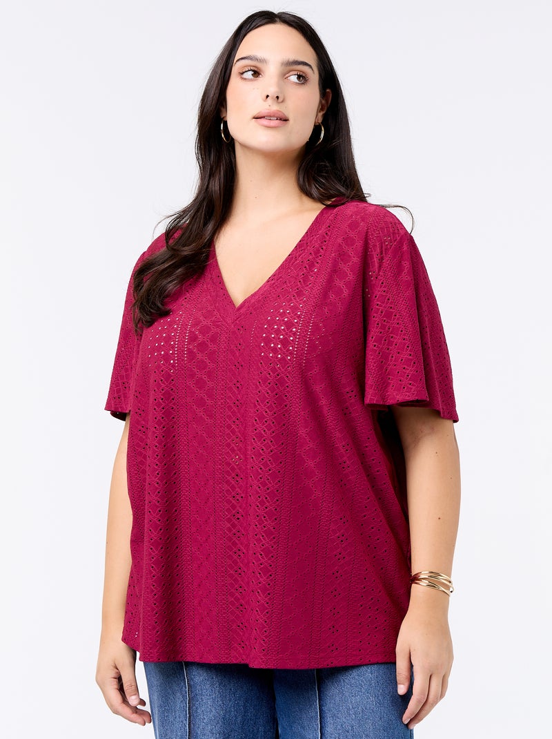 Einfarbiges T-Shirt mit Ajourmuster Rot - Kiabi