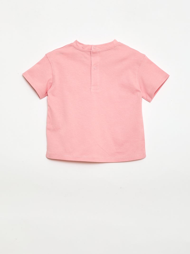 Einfarbiges T-Shirt mit Fantasieblumen am Kragen Rosa - Kiabi
