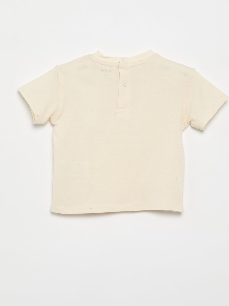 Einfarbiges T-Shirt mit fantasievollen Blumen am Kragen Beige - Kiabi