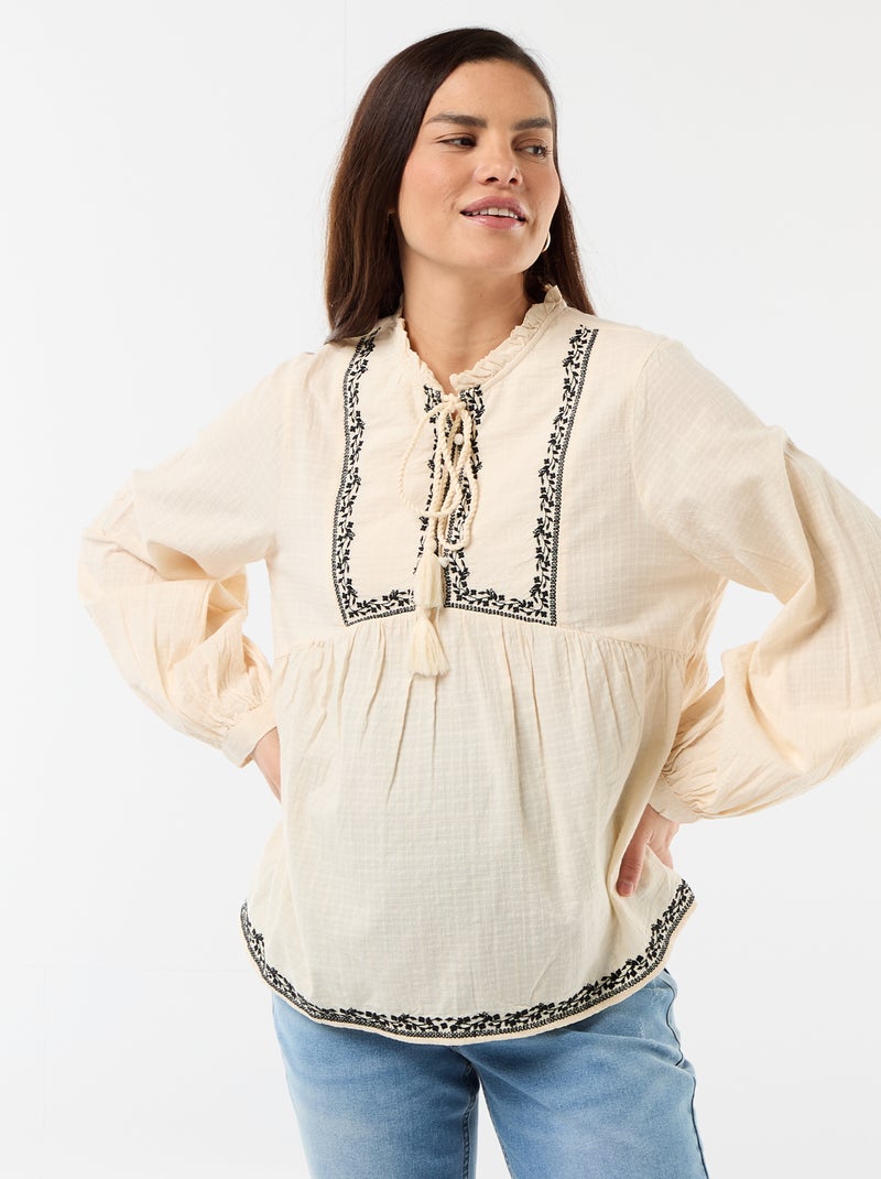Embroidered Cotton Gauze Maternity Blouse White - Kiabi