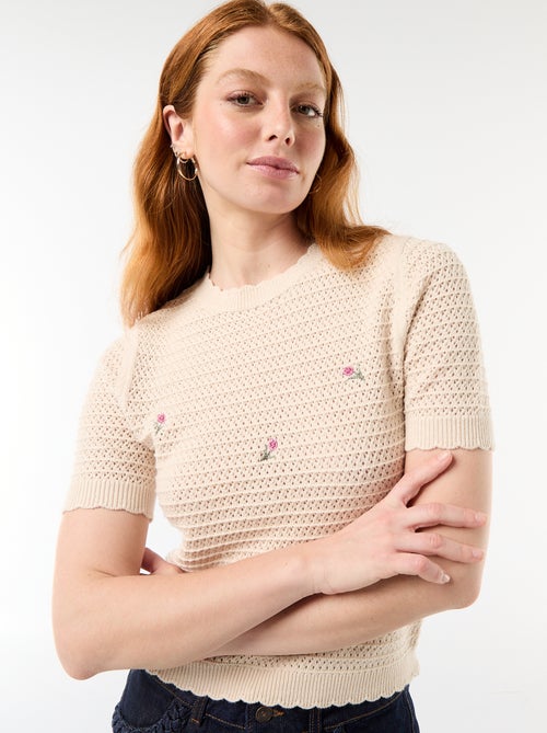Embroidered Floral Short-Sleeved Knit Top - Kiabi