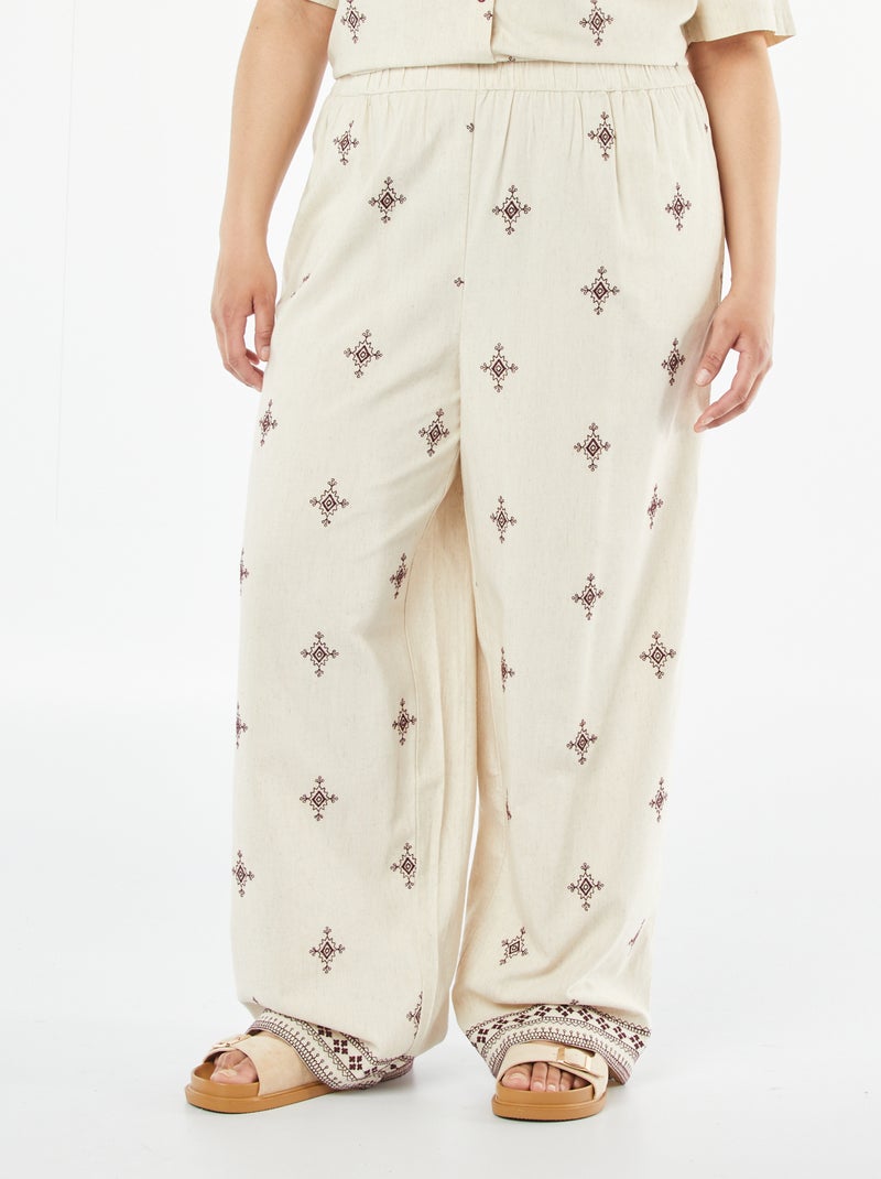 Embroidered wide-leg 3/4 trousers Beige - Kiabi