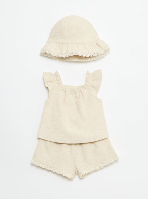 Ensemble 3 pièces en maille côtelée -  short + T-shirt + bob - Kiabi