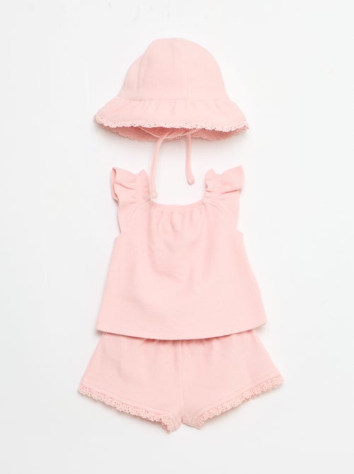 Ensemble 3 pièces en maille côtelée -  short + T-shirt + bob - Kiabi