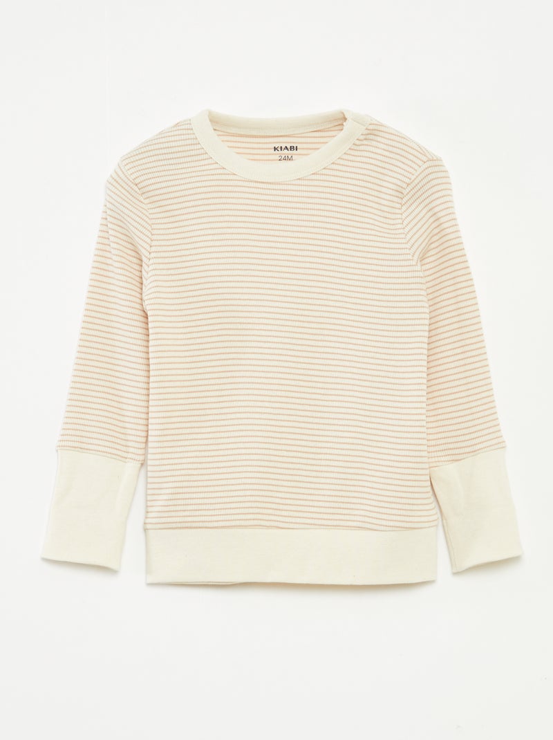 Ensemble de pyjama long t-shirt + pantalon à rayures - 2 pièces Beige - Kiabi