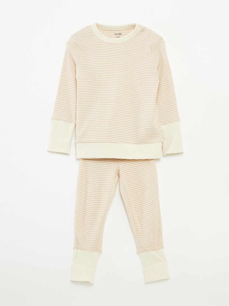 Ensemble de pyjama long t-shirt + pantalon à rayures - 2 pièces Beige - Kiabi