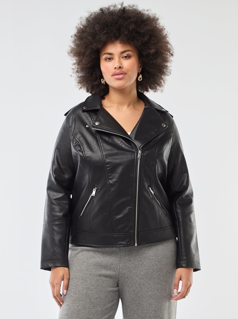 Faux Leather Jacket with Notched Collar black - Kiabi