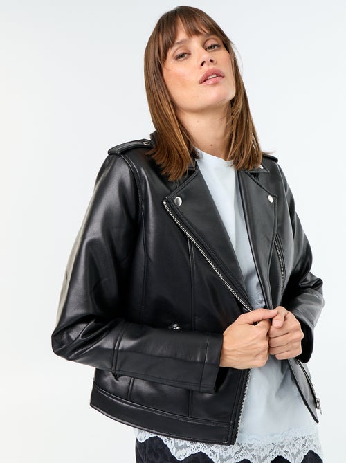 Faux Leather Notched Collar Jacket - Kiabi Faux Leather Notched Collar Jacket - Kiabi