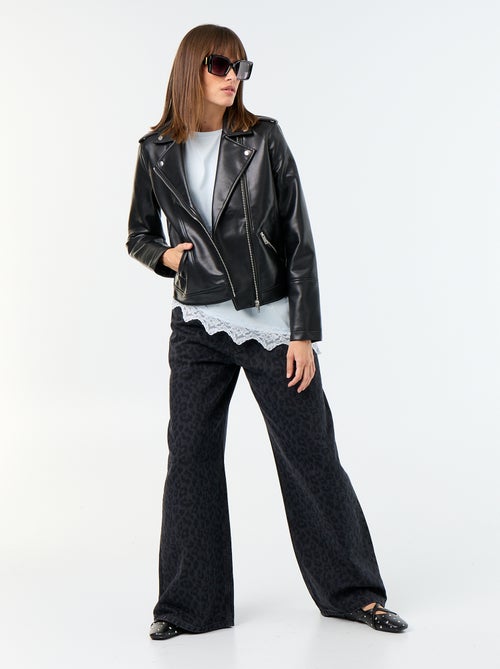 Faux Leather Notched Collar Jacket - Kiabi Faux Leather Notched Collar Jacket - Kiabi