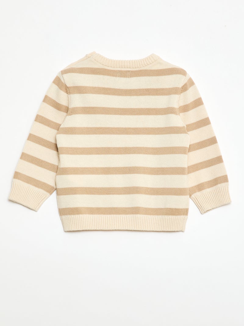 Feinstrick-Pullover mit geknöpftem Ausschnitt Beige/Weiß - Kiabi