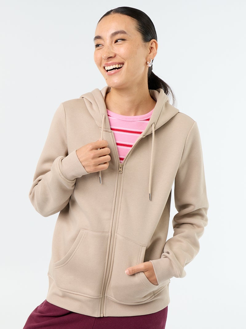 Felpa basica con cappuccio e zip Beige - Kiabi