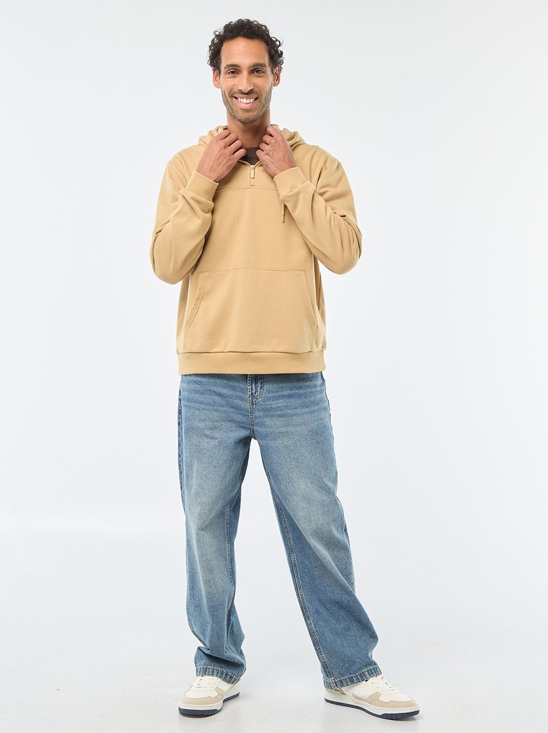Felpa in felpa garzata con cappuccio e apertura zip sul collo Beige - Kiabi