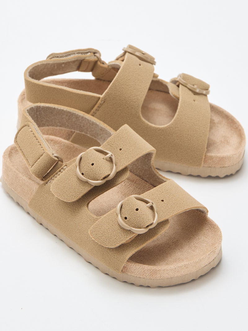 Flache Sandalen mit verstellbarem Knöchelriemen und Klettverschluss Beige - Kiabi