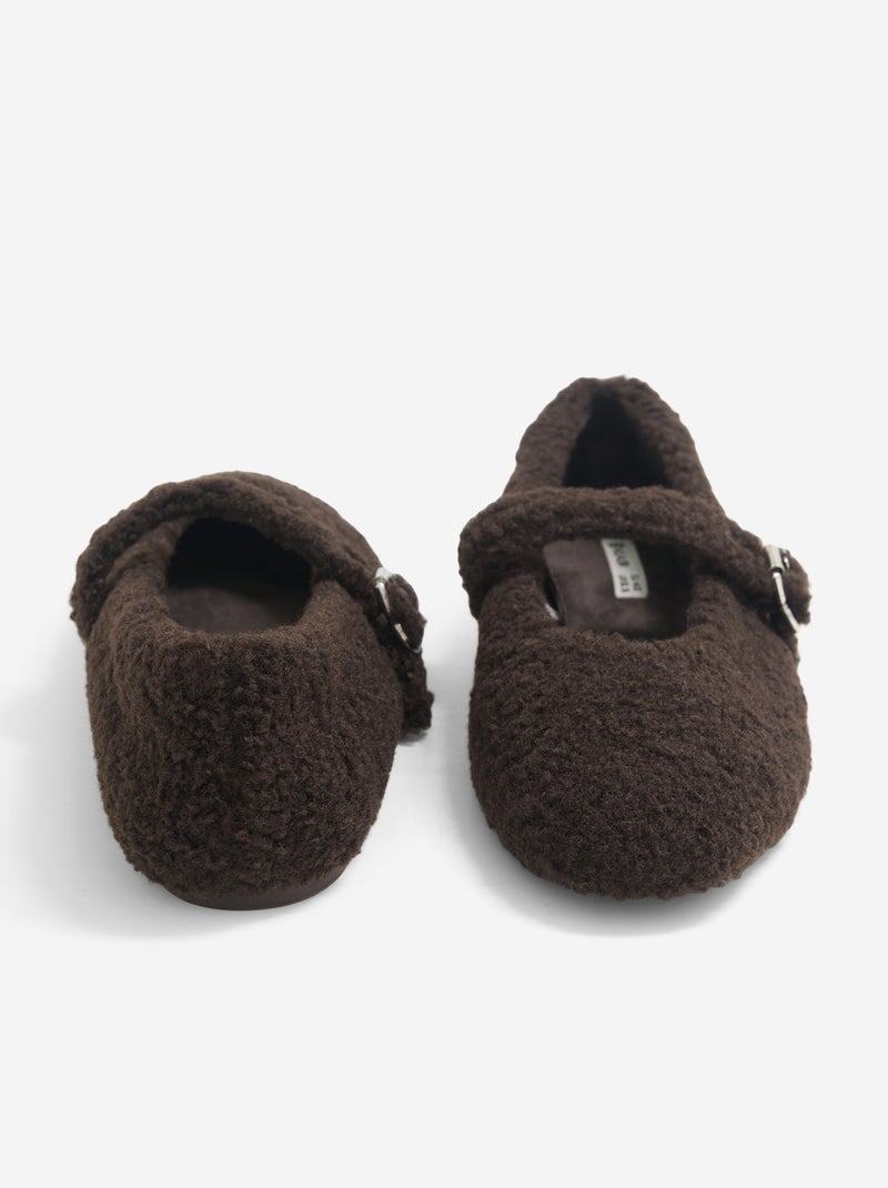 Flat ballerina slippers with a sheepskin effect Brown - Kiabi