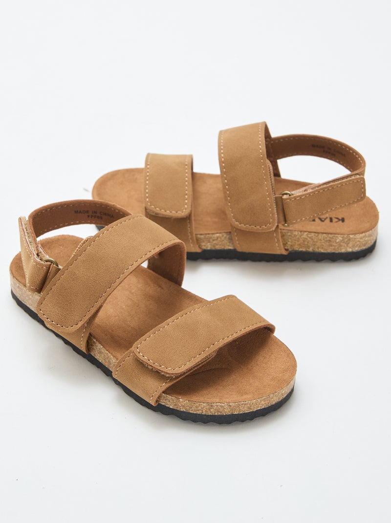 Flat sandals with double strap and hook-and-loop fastening Brown - Kiabi