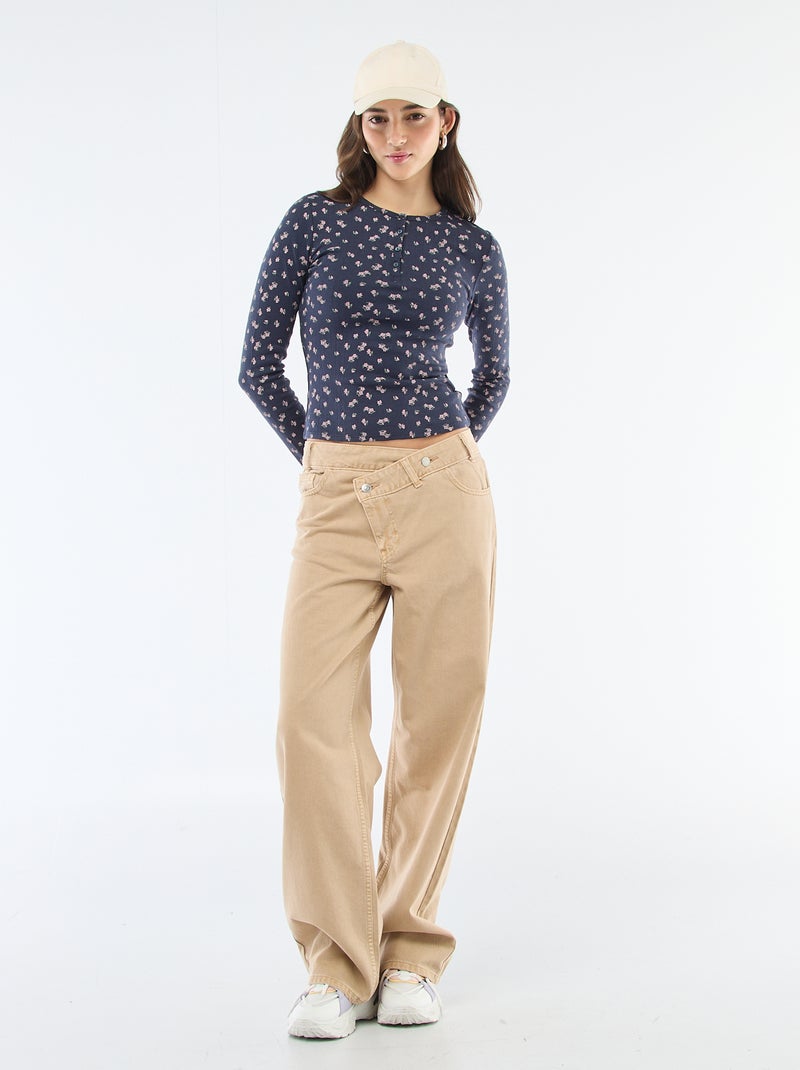 Floral Pointelle Knit T-Shirt Blue - Kiabi