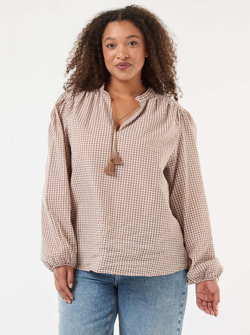 Flowy Gingham Check Blouse Beige - Kiabi