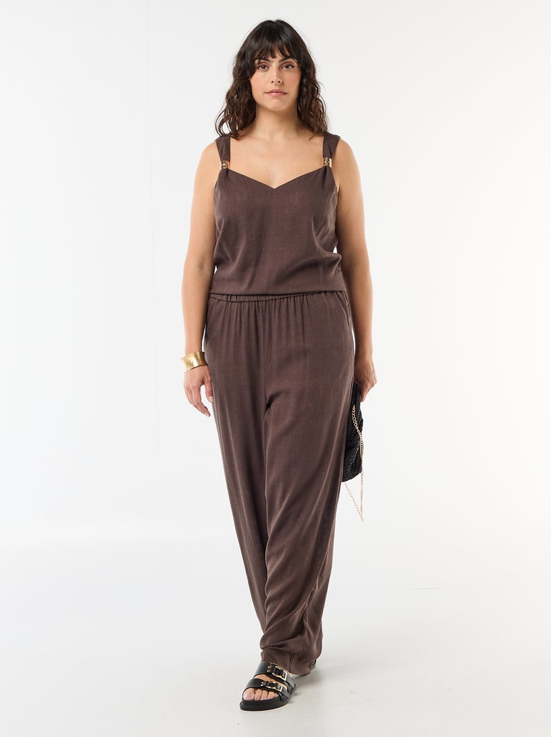 Fluid linen blend top with gold embellishments Brown - Kiabi