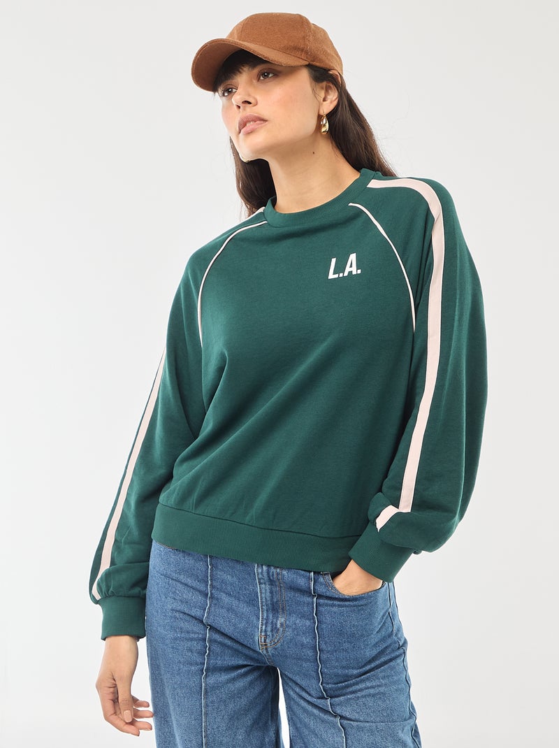 French terry sweatshirt with contrasting stripes Green - Kiabi