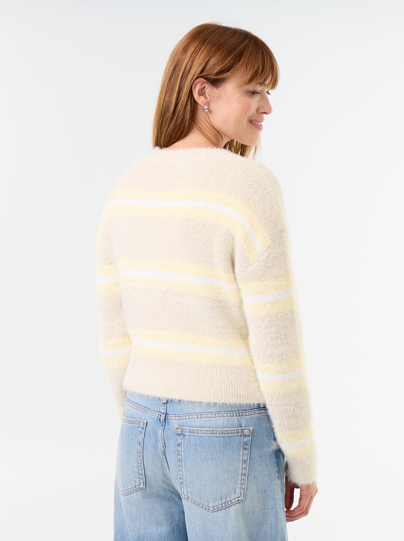 Fuzzy striped round-neck sweater Beige - Kiabi