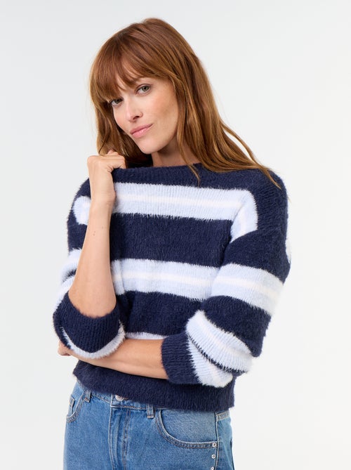 Fuzzy striped round-neck sweater - Kiabi