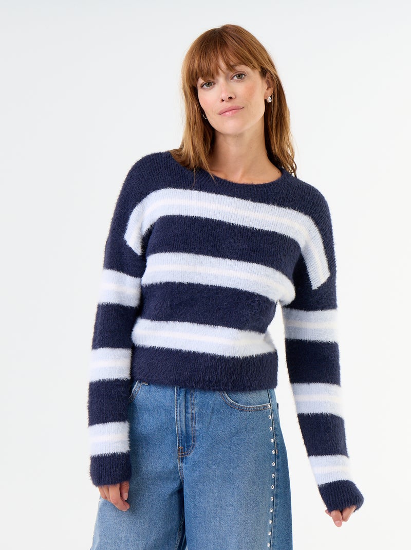 Fuzzy striped round-neck sweater Blue - Kiabi