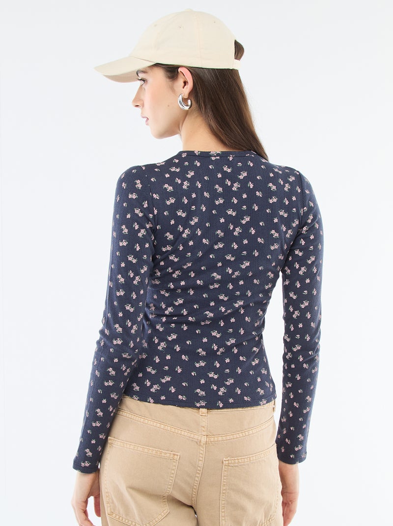 Geblümtes Pointelle-Strick-T-Shirt Blau - Kiabi