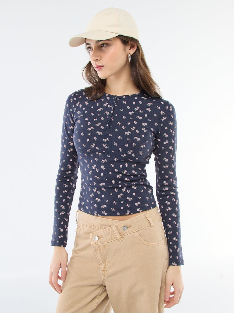 Geblümtes Pointelle-Strick-T-Shirt Blau - Kiabi