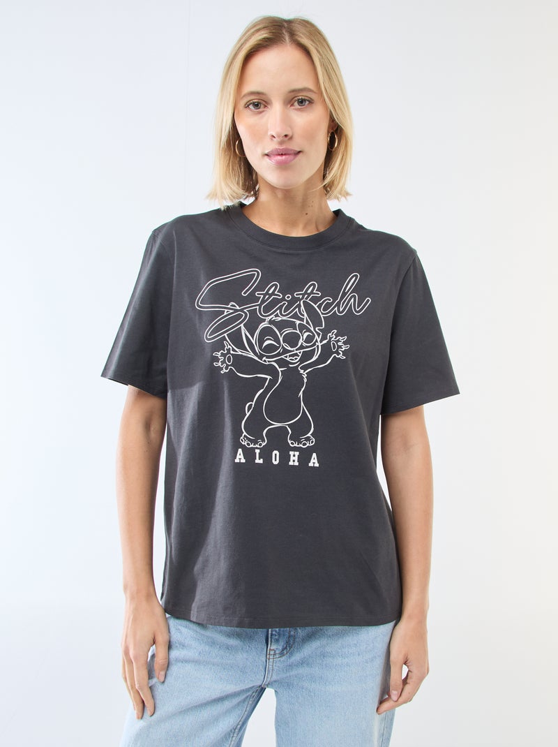 Gerades T-Shirt mit 'Stitch'-Print Schwarz - Kiabi