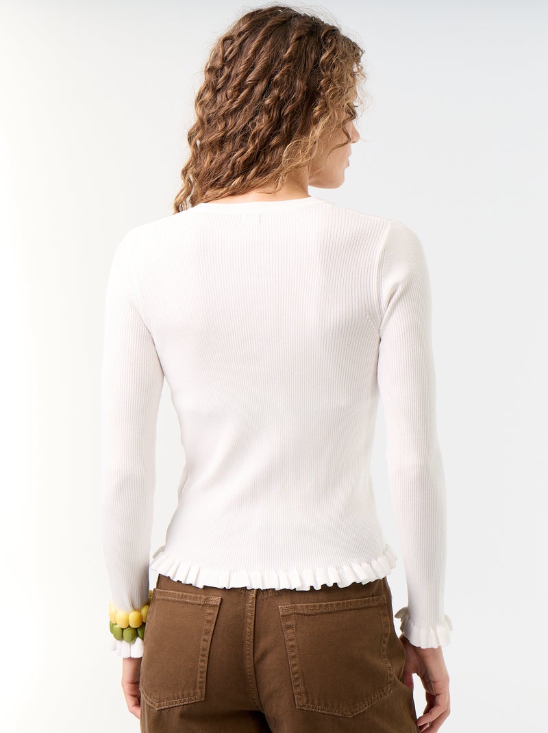Gerippte Strickjacke mit Rüschen-Details Weiß - Kiabi