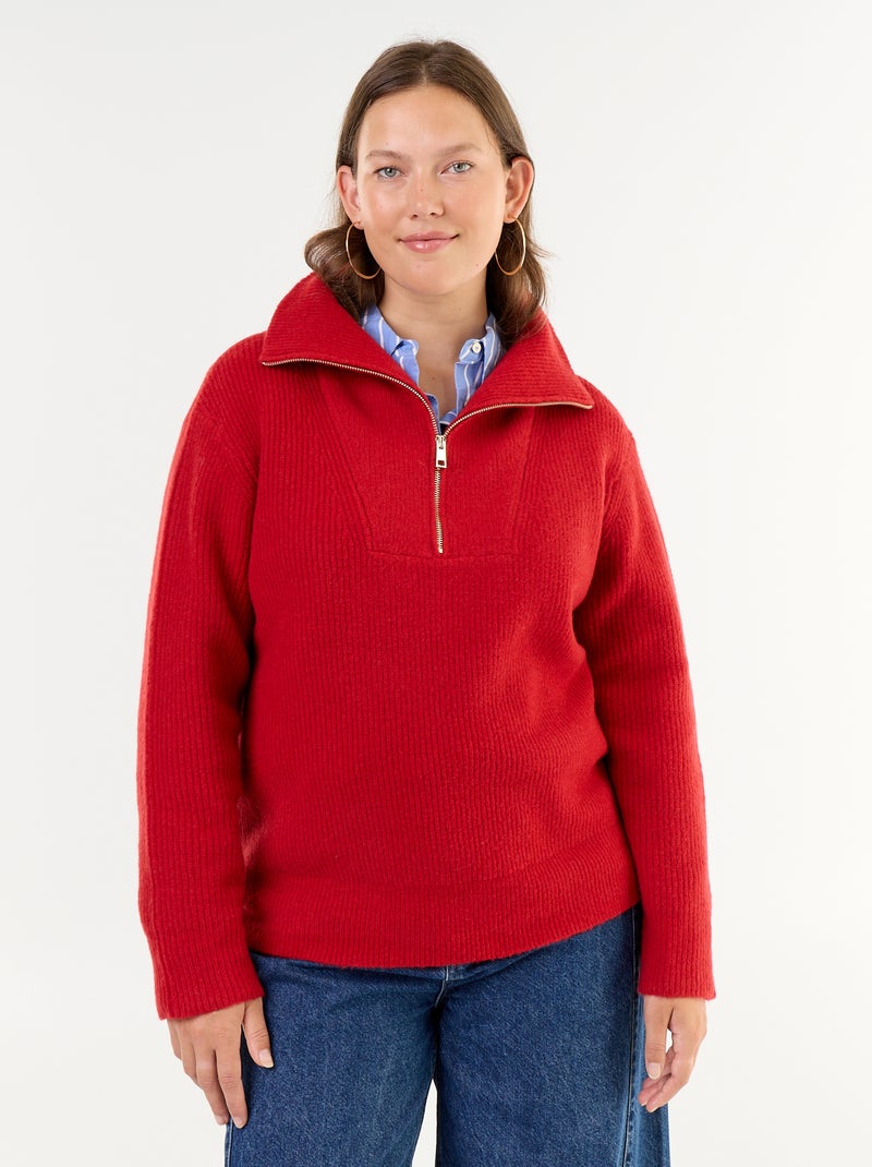 Gerippter Strickpullover mit Reissverschluss und Stehkragen Rouge - Kiabi
