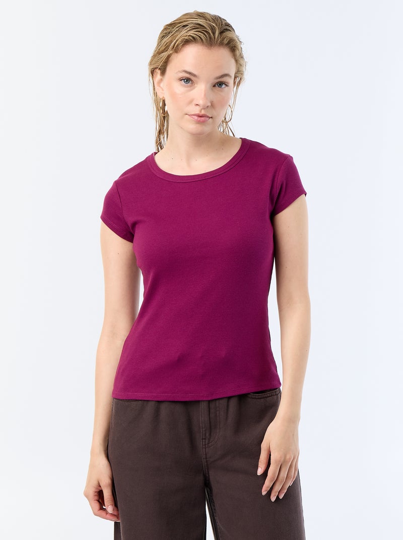 Geripptes Kurzarm-Jersey-T-Shirt Lila - Kiabi