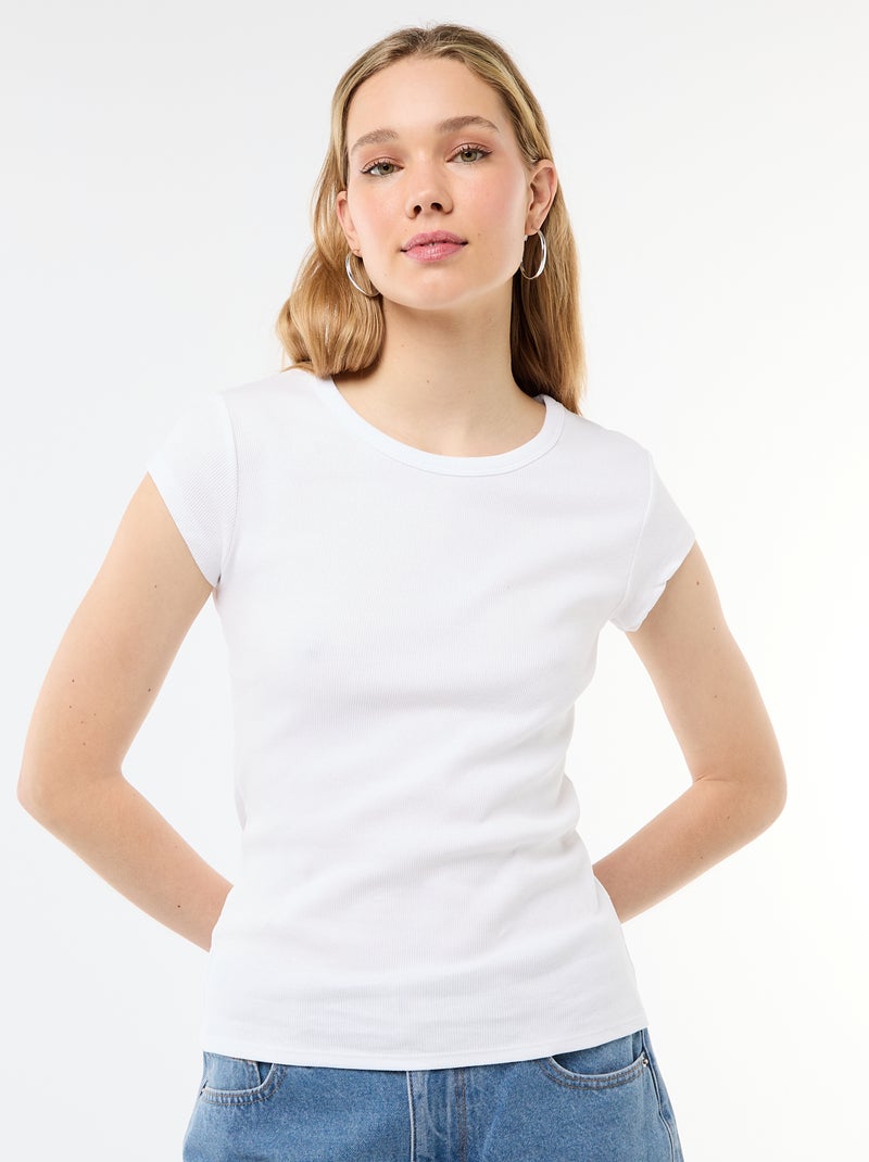 Geripptes Kurzarm-Jersey-T-Shirt Weiß - Kiabi