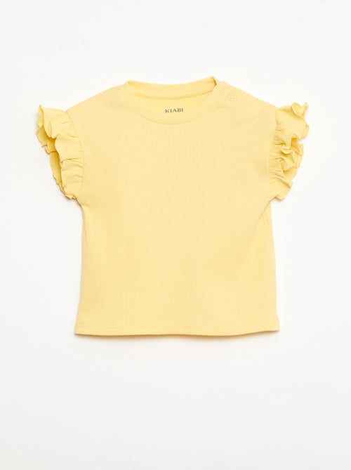 Geripptes Kurzarm-T-Shirt mit Volants - Kiabi