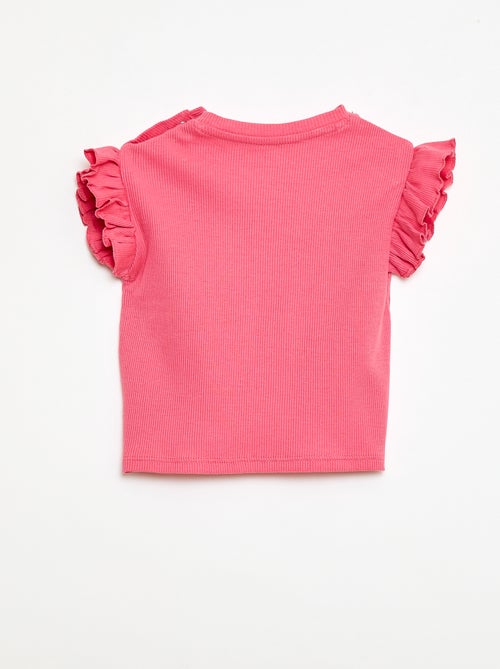 Geripptes Kurzarm-T-Shirt mit Volants - Kiabi