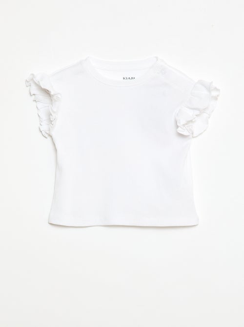 Geripptes Kurzarm-T-Shirt mit Volants - Kiabi