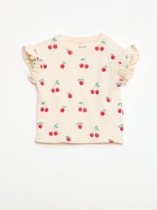 Geripptes Kurzarm-T-Shirt mit Volants - Kiabi