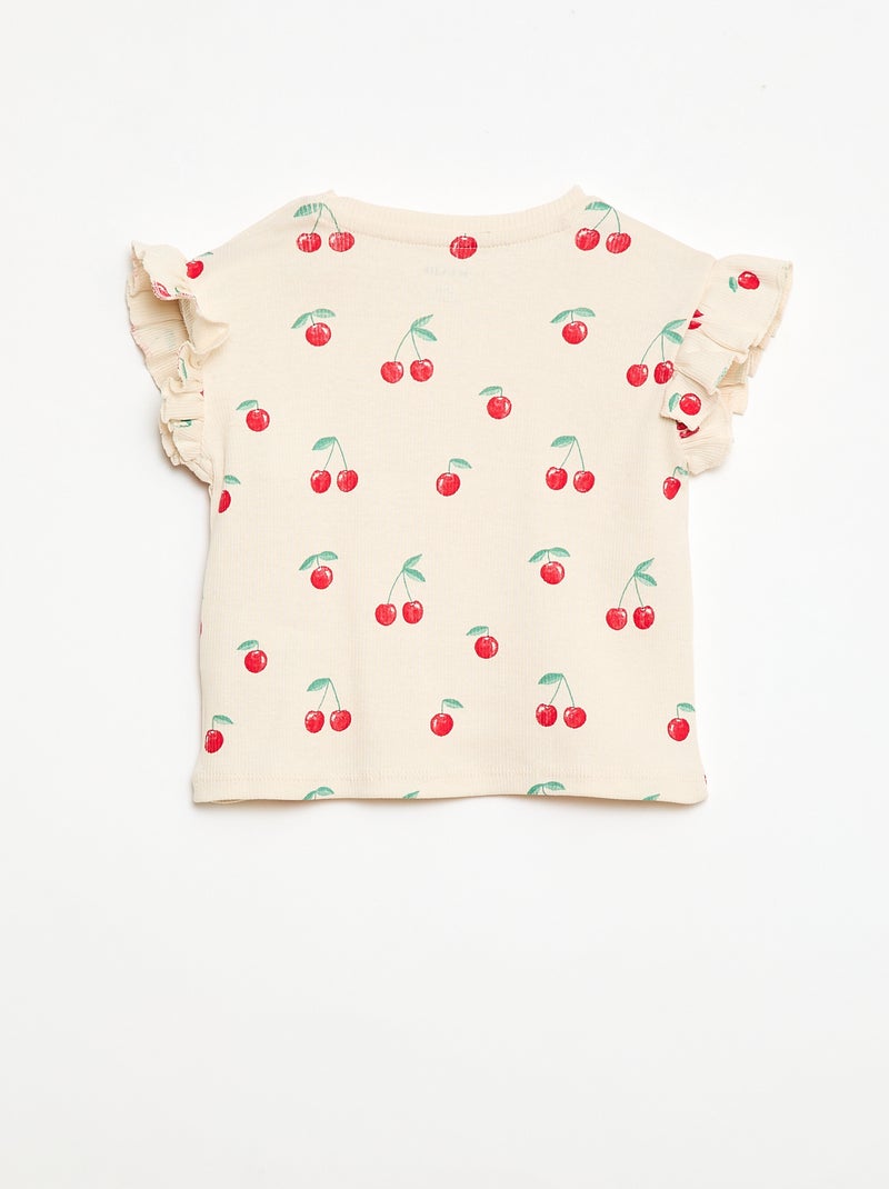 Geripptes Kurzarm-T-Shirt mit Volants Weiß - Kiabi