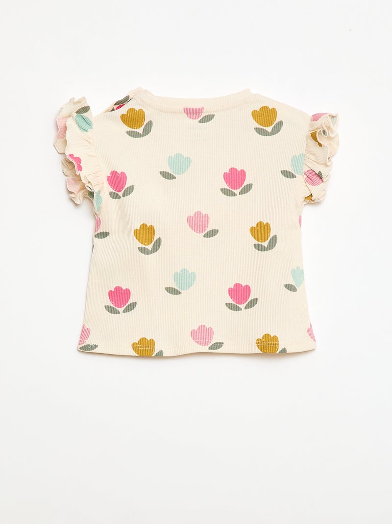 Geripptes Kurzarm-T-Shirt mit Volants Weiß - Kiabi
