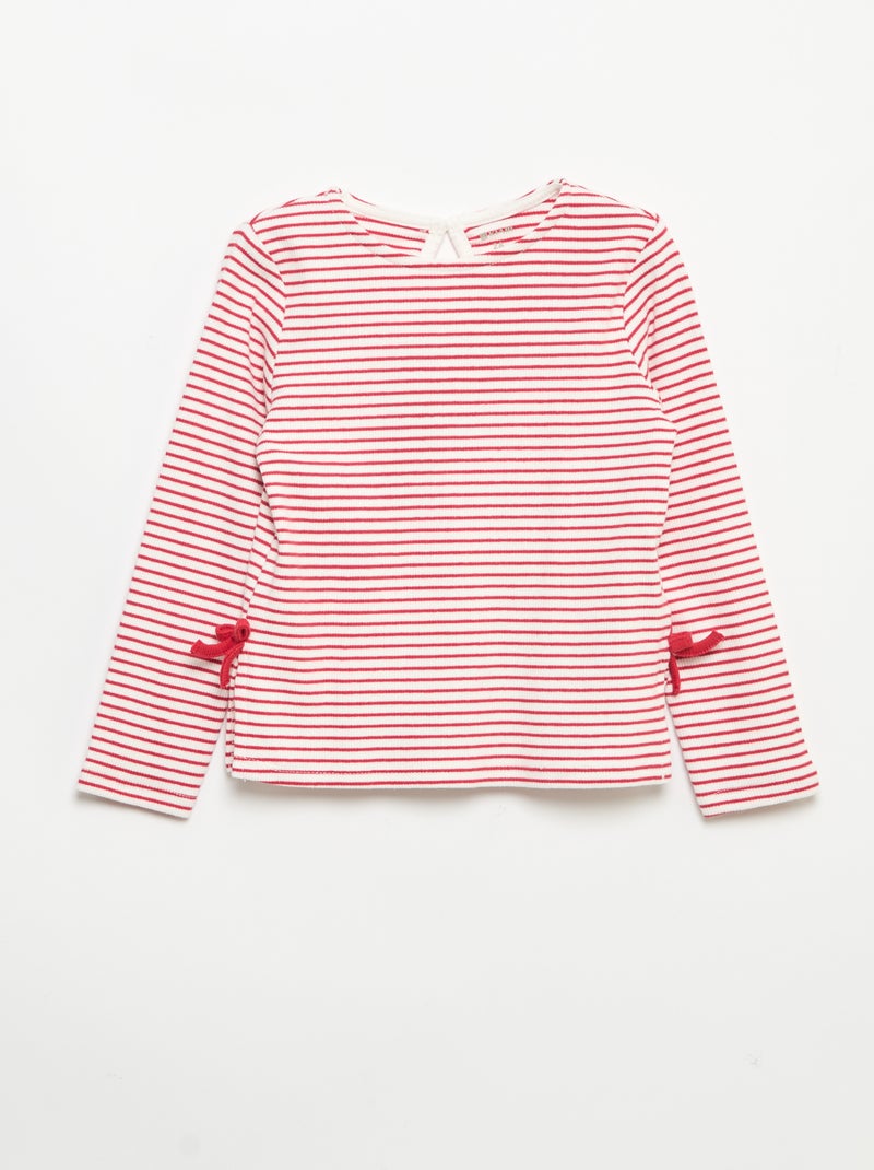 Geripptes Langarm-T-Shirt mit Schleife Rouge - Kiabi