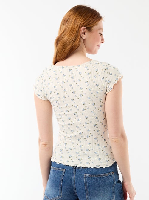 Geripptes T-Shirt mit kurzen Volantärmeln - Kiabi