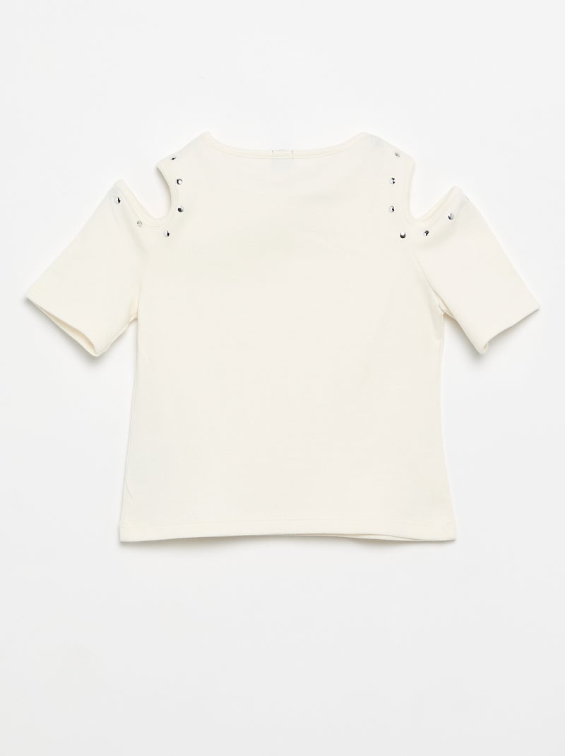 Geripptes T-Shirt mit Nieten und schulterfrei Blanc - Kiabi