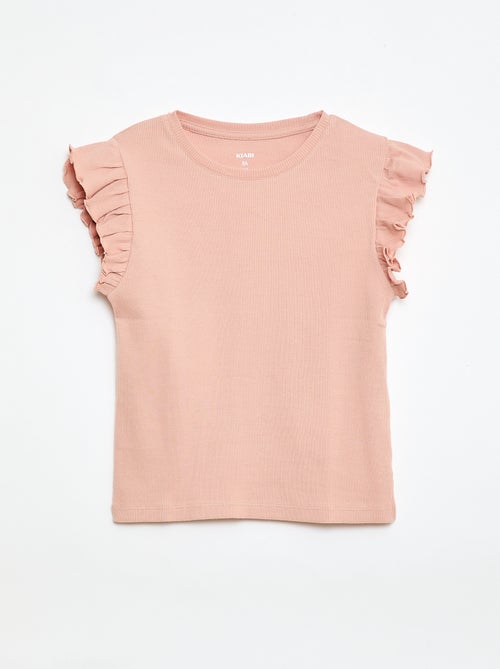 Geripptes T-Shirt mit Volantärmeln - Kiabi