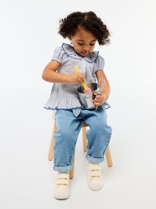 Gestreifte Kurzarmbluse mit Volant am Saum - Kiabi