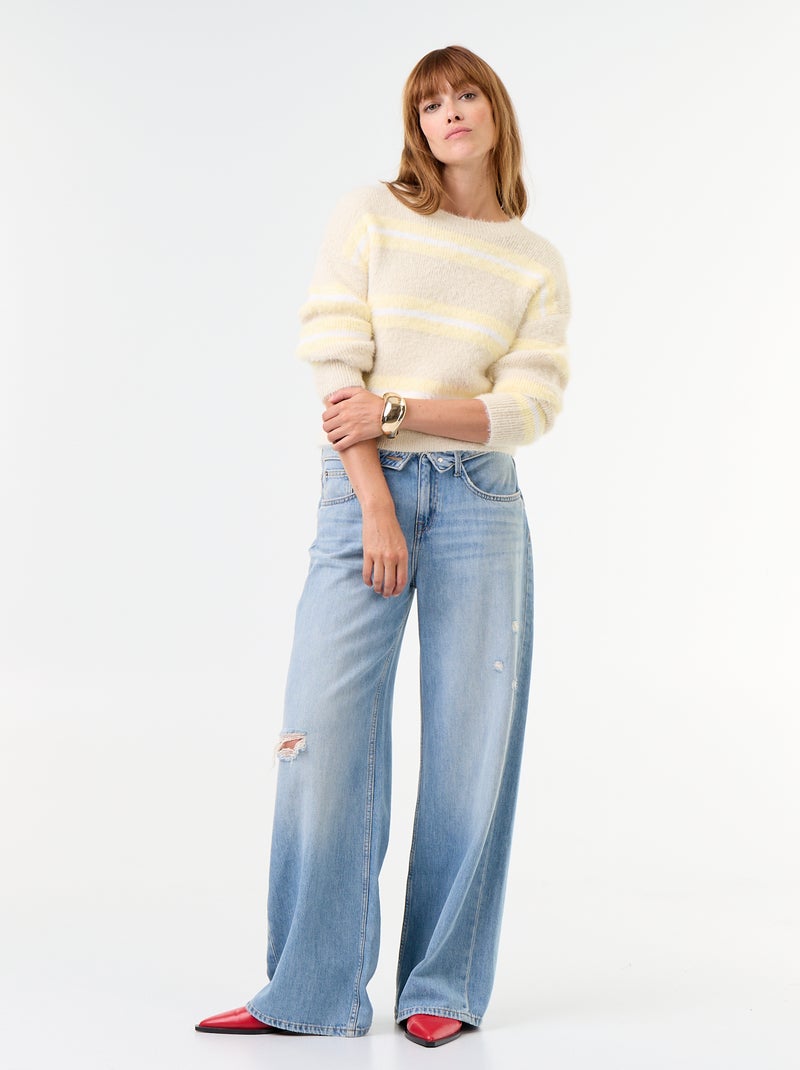 Gestreifter Flauschepullover mit Rundhals Beige - Kiabi