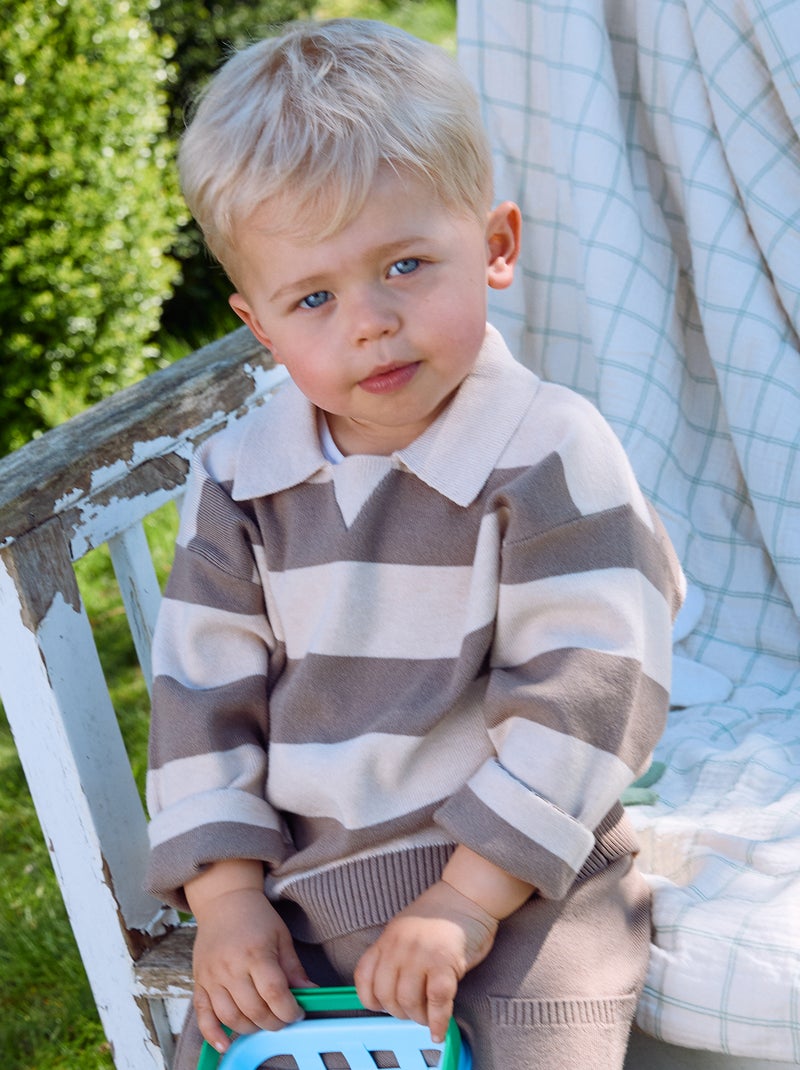 Gestreifter Langarm-Pullover mit Polokragen Beige - Kiabi
