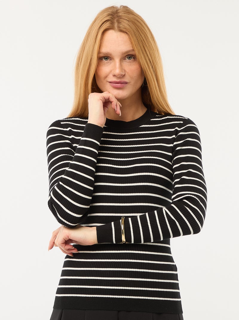 Gestreifter Rippstrick-Pullover mit Rundhals Schwarz - Kiabi